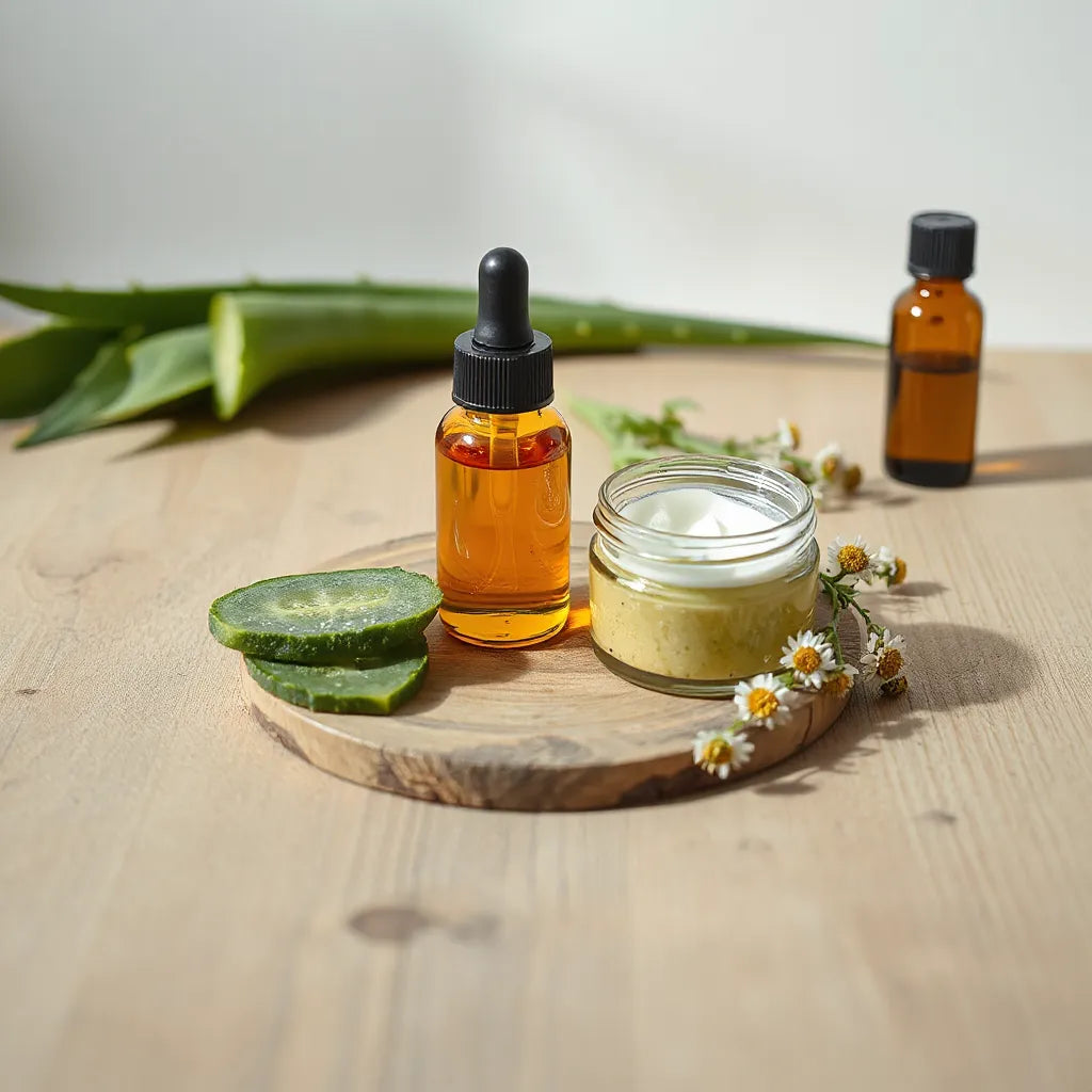Selección de productos orgánicos de cuidado de la piel con aloe y manzanilla sobre madera