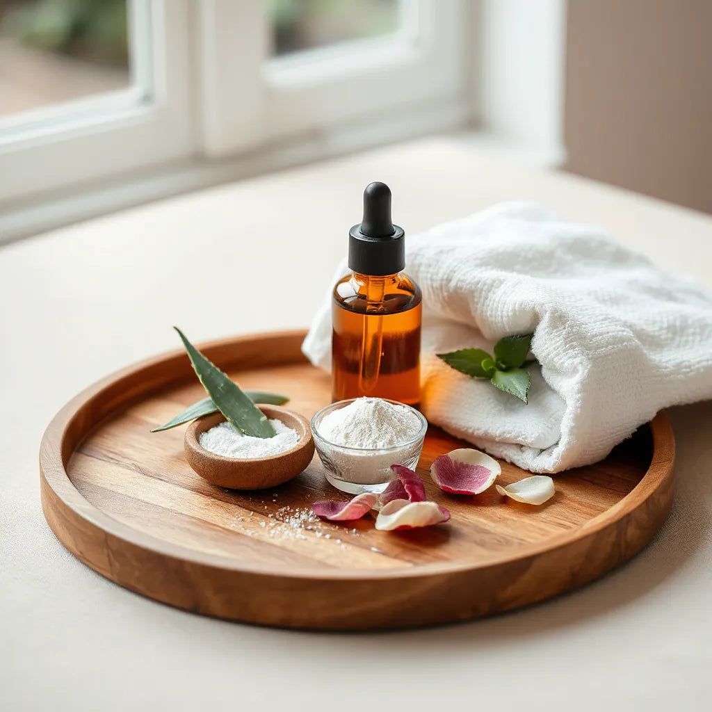 Bandeja de cuidado facial con aceite natural, aloe y pétalos de rosa sobre fondo claro