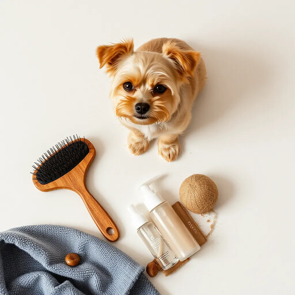 Perro pequeño junto a cepillo de aseo y productos para el cuidado del pelaje y la piel