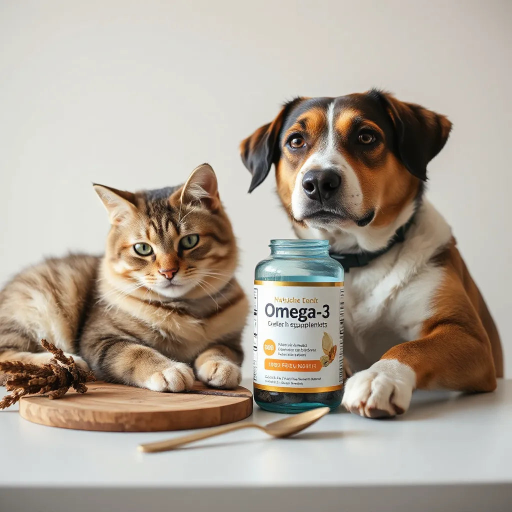 Perro y gato junto a un suplemento de omega 3, en un entorno limpio y natural