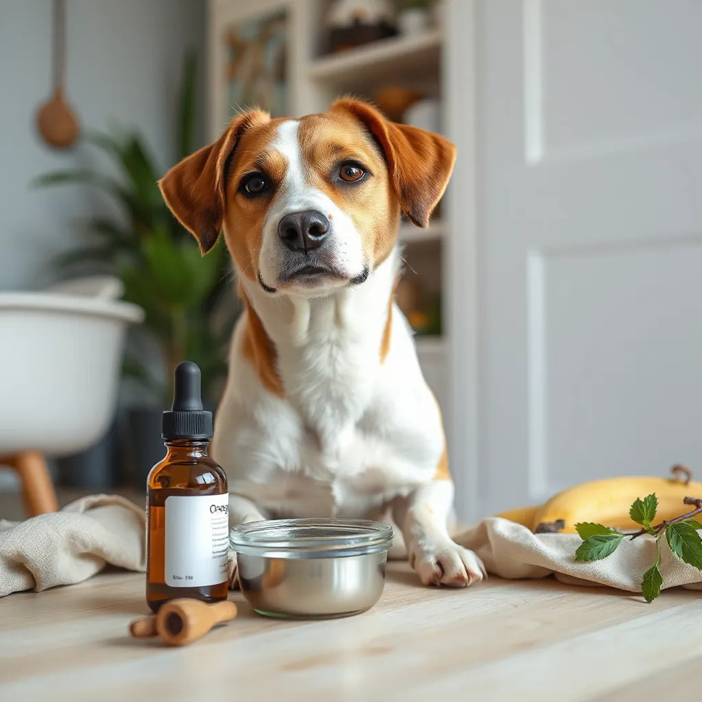 Perro saludable junto a un cuenco y un gotero con aceite, representando omega 3 para perros