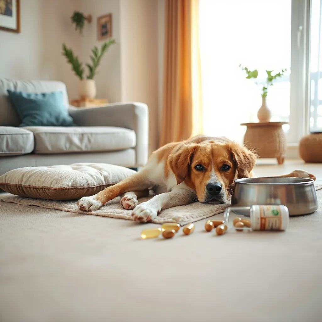 Perro descansando en casa junto a suplementos naturales para apoyar la movilidad y el confort articular