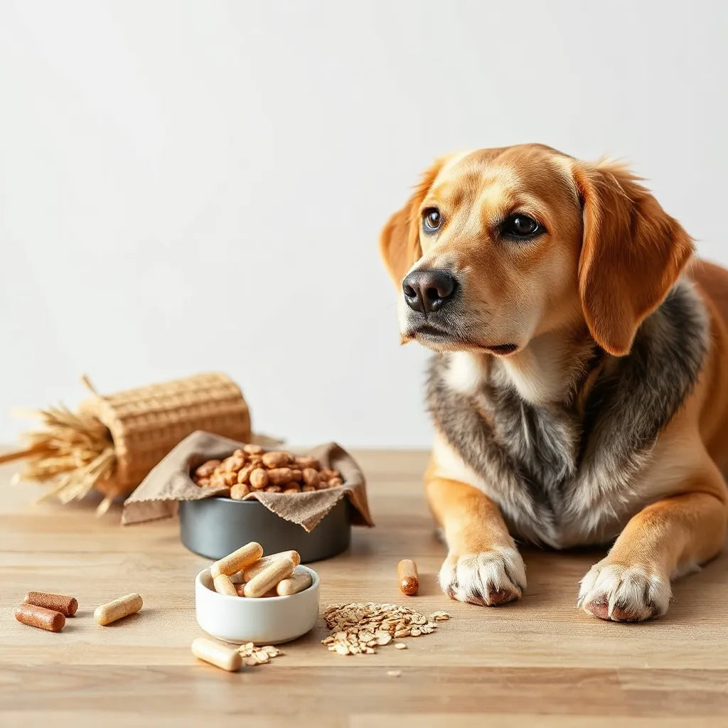 Perro tranquilo junto a cuencos de comida y suplementos naturales sin etiquetas para apoyar la digestión