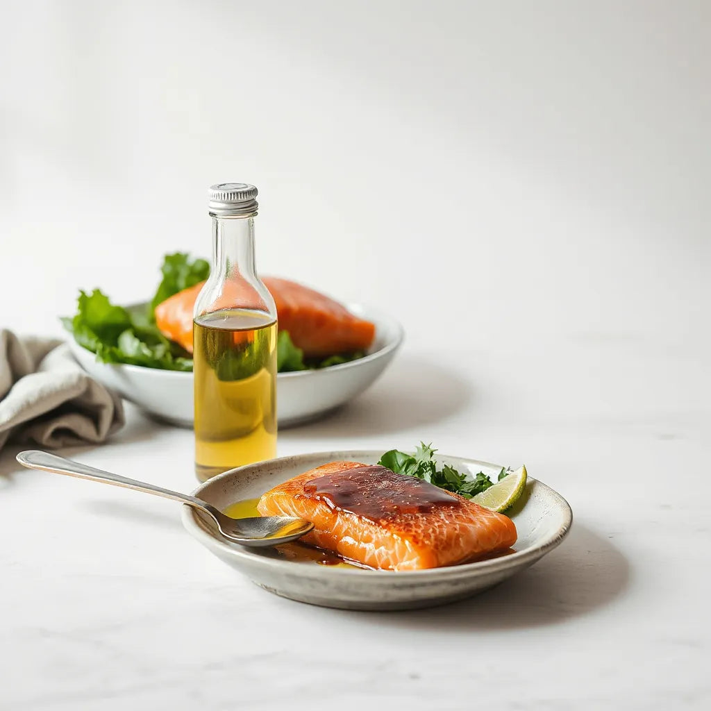 Botella de aceite de pescado y una cucharadita con aceite, junto a salmón fresco sobre una mesa