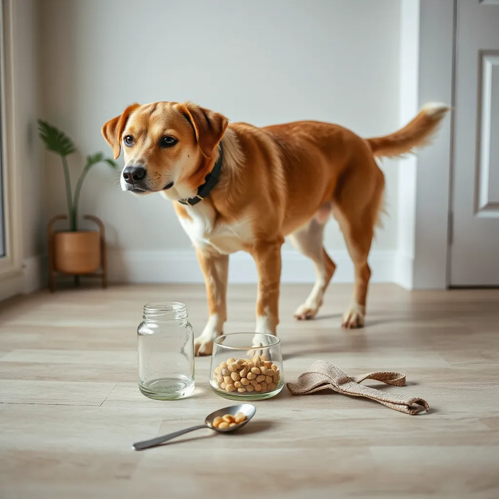 Perro sano junto a frasco y cucharilla de suplementos para apoyar la movilidad y las articulaciones