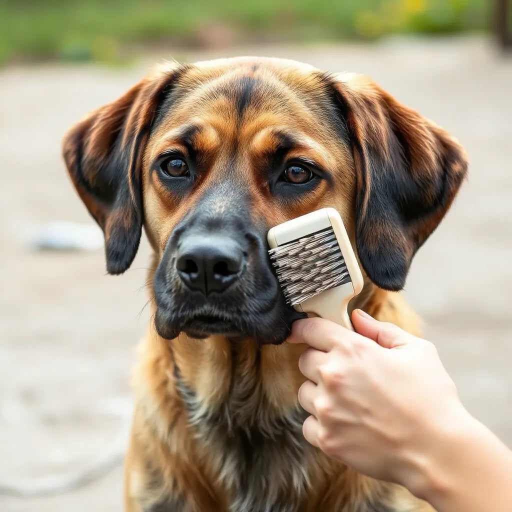 Perro con pelaje brillante mientras lo cepillan suavemente, destacando la piel sana