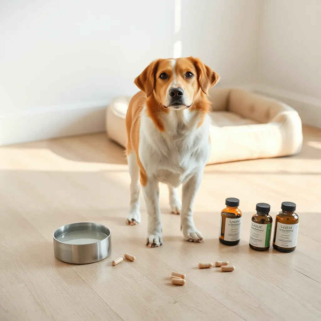 Perro de pie con cama ortopédica y suplementos naturales ordenados junto a un cuenco de agua