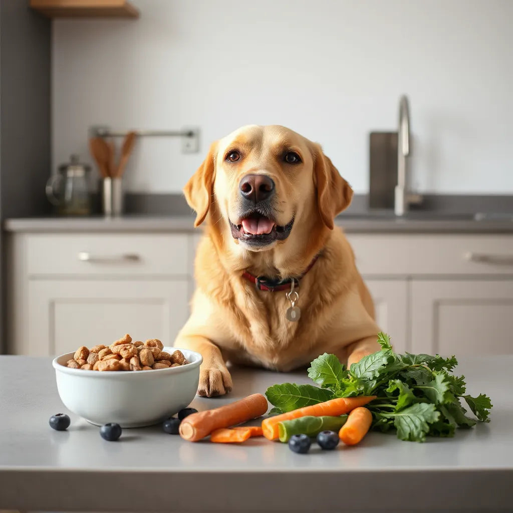 Perro saludable junto a su alimento funcional y vegetales frescos sobre una encimera con luz natural
