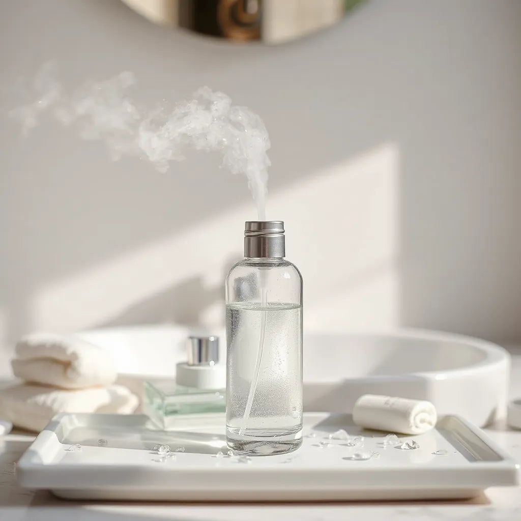 Bruma fina de una botella pulverizadora sobre una rutina facial con luz natural y fondo minimalista