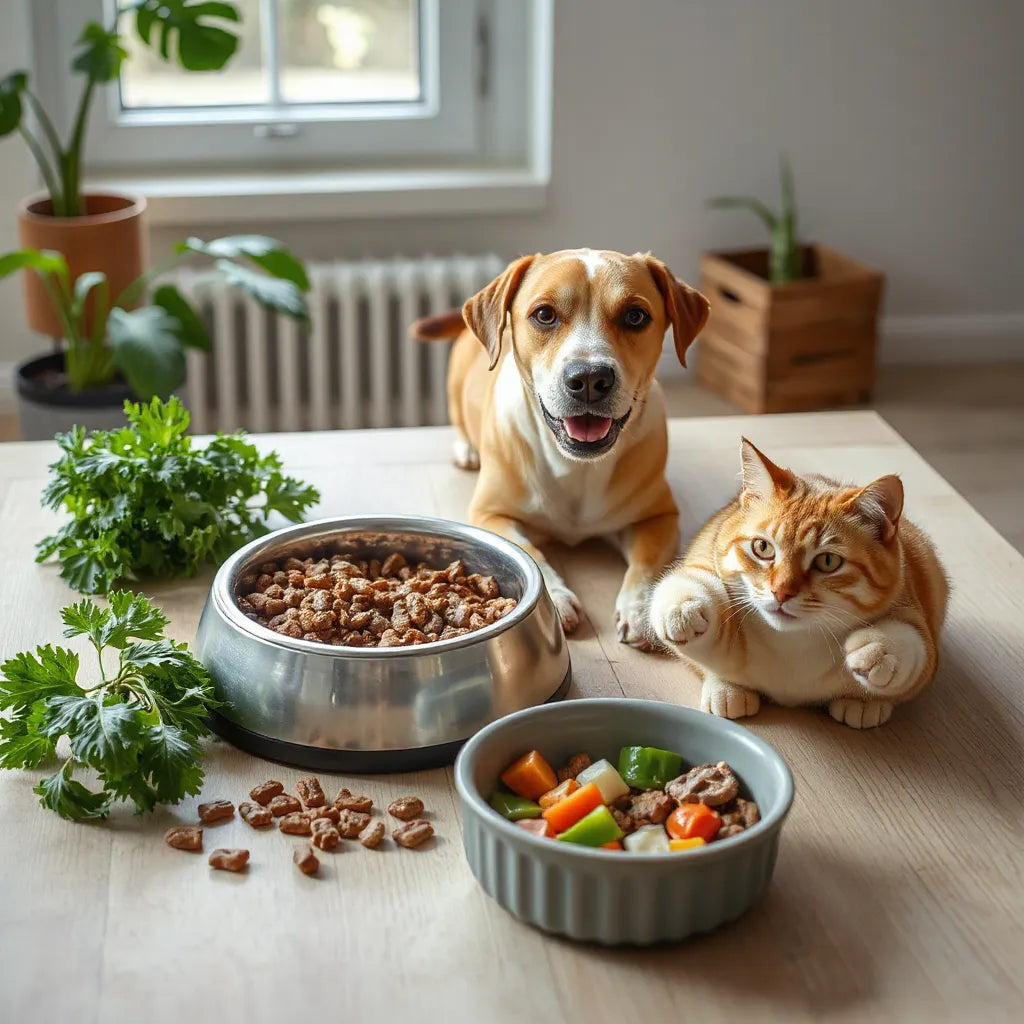 Perro y gato con cuencos de comida equilibrada sobre mesa de madera con luz natural