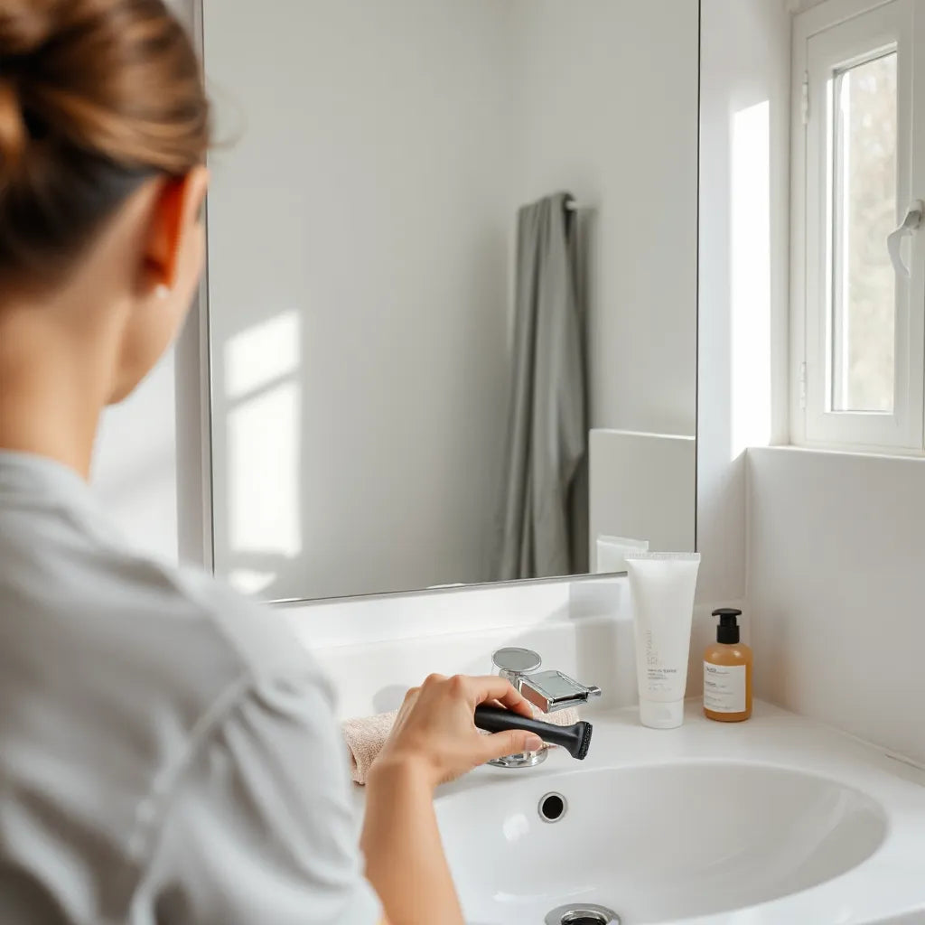 Utensilios ordenados para la eliminación de pelo en casa sobre una toalla en un baño con luz natural