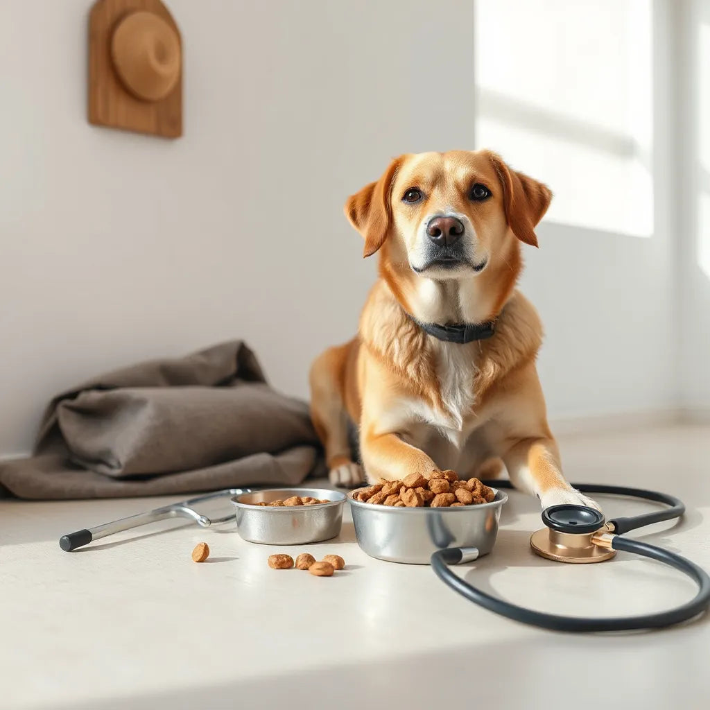Perro sano junto a su cuenco y comida, con un estetoscopio para sugerir cuidado digestivo