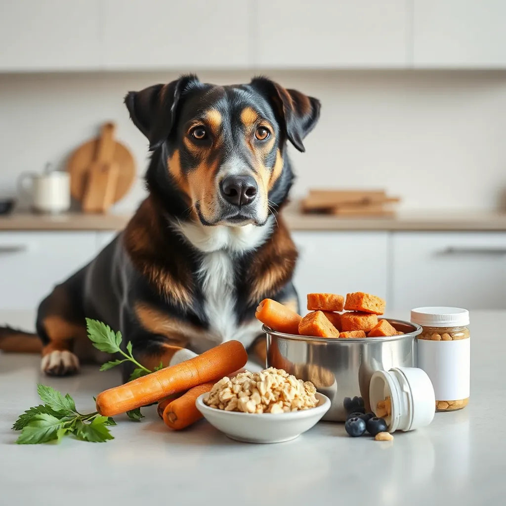 Perro saludable junto a un cuenco con comida balanceada y algunos ingredientes naturales para su nutrición