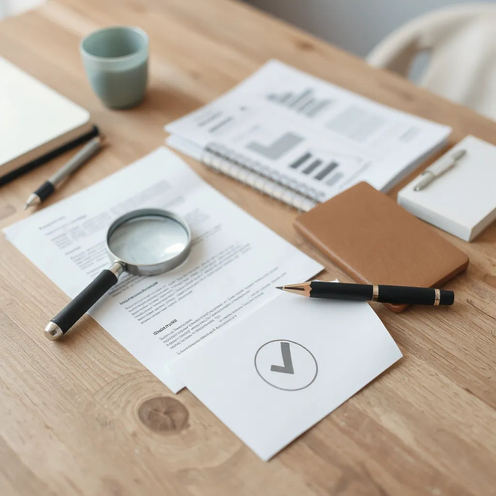 Magnifying glass over generic research papers and a blank checklist, suggesting validating study-backed results