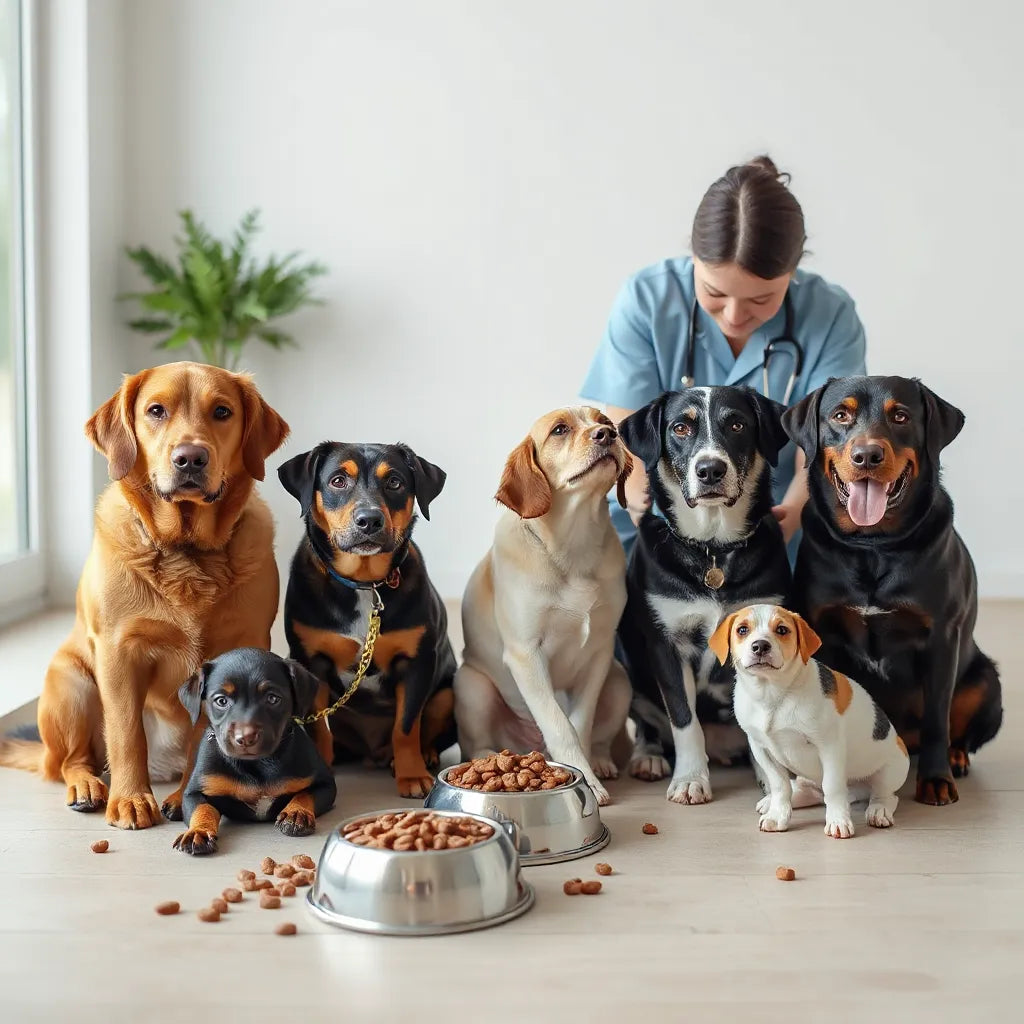 Perros de distintas razas junto a cuencos de comida y agua en un entorno limpio y luminoso
