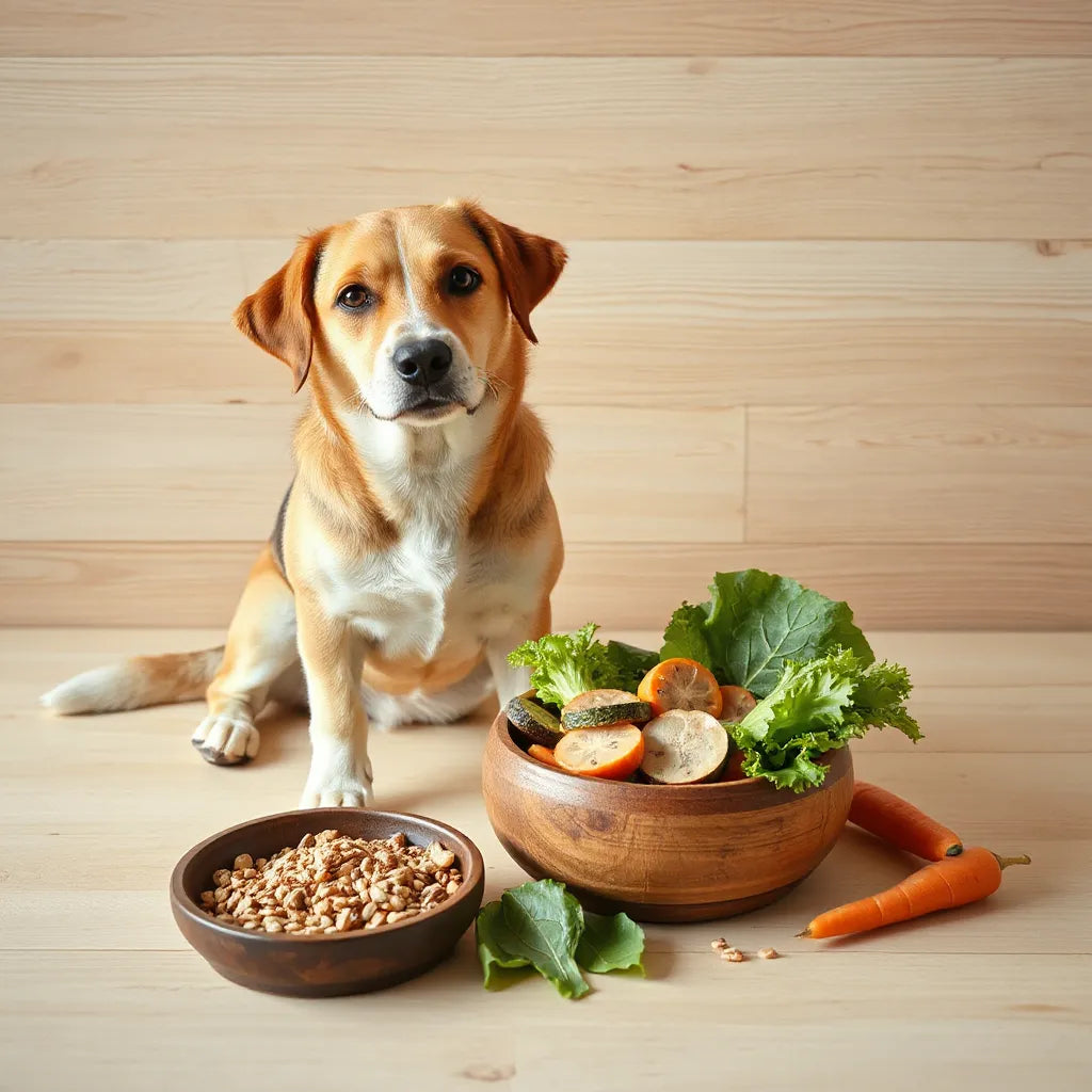 Perro sentado junto a un cuenco de comida natural para perros con ingredientes frescos alrededor