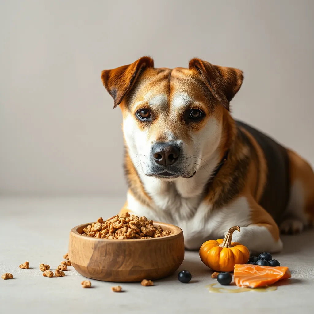 Perro saludable junto a un cuenco con alimento y varios ingredientes funcionales naturales para su dieta