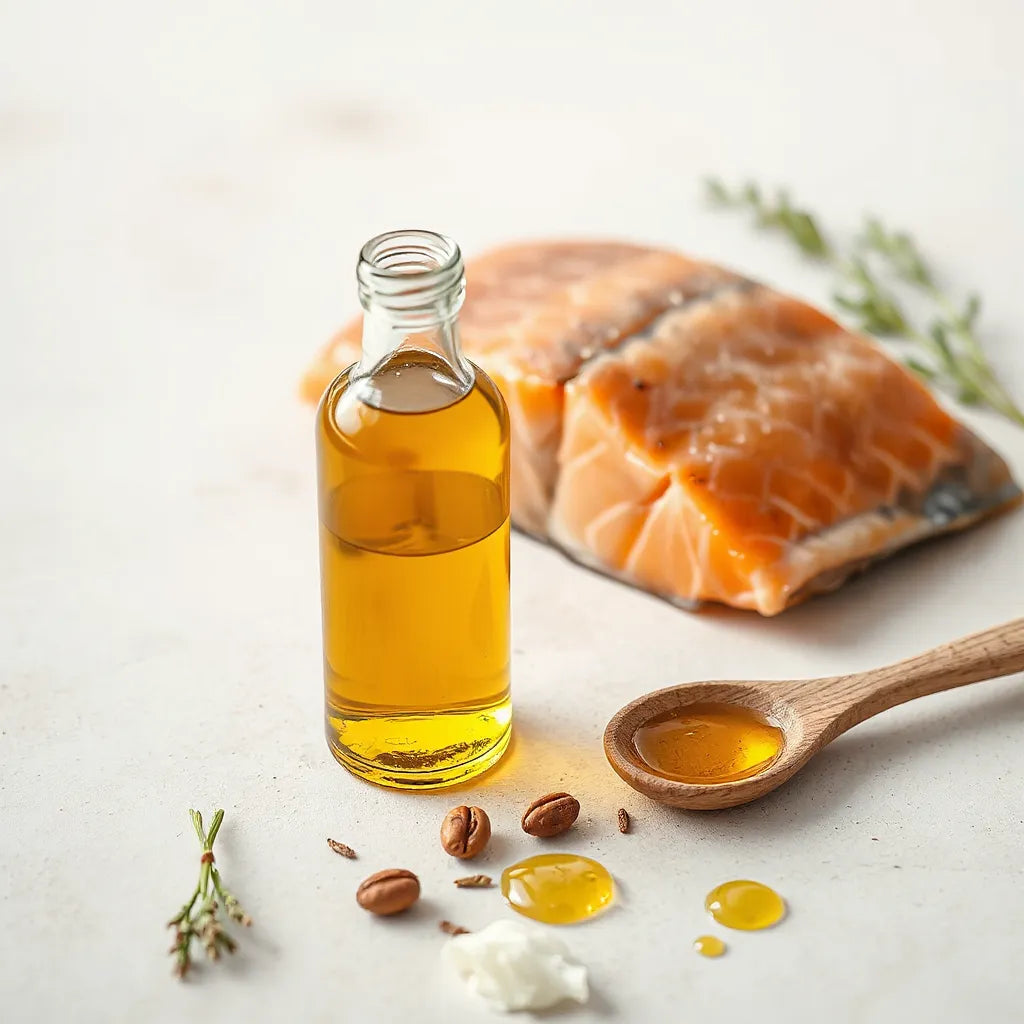 Botella de vidrio con aceite dorado de salmón junto a filete de salmón fresco en fondo claro