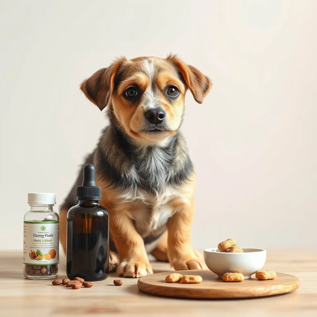 Perro pequeño junto a suplementos naturales y premios masticables, con un entorno limpio y luminoso