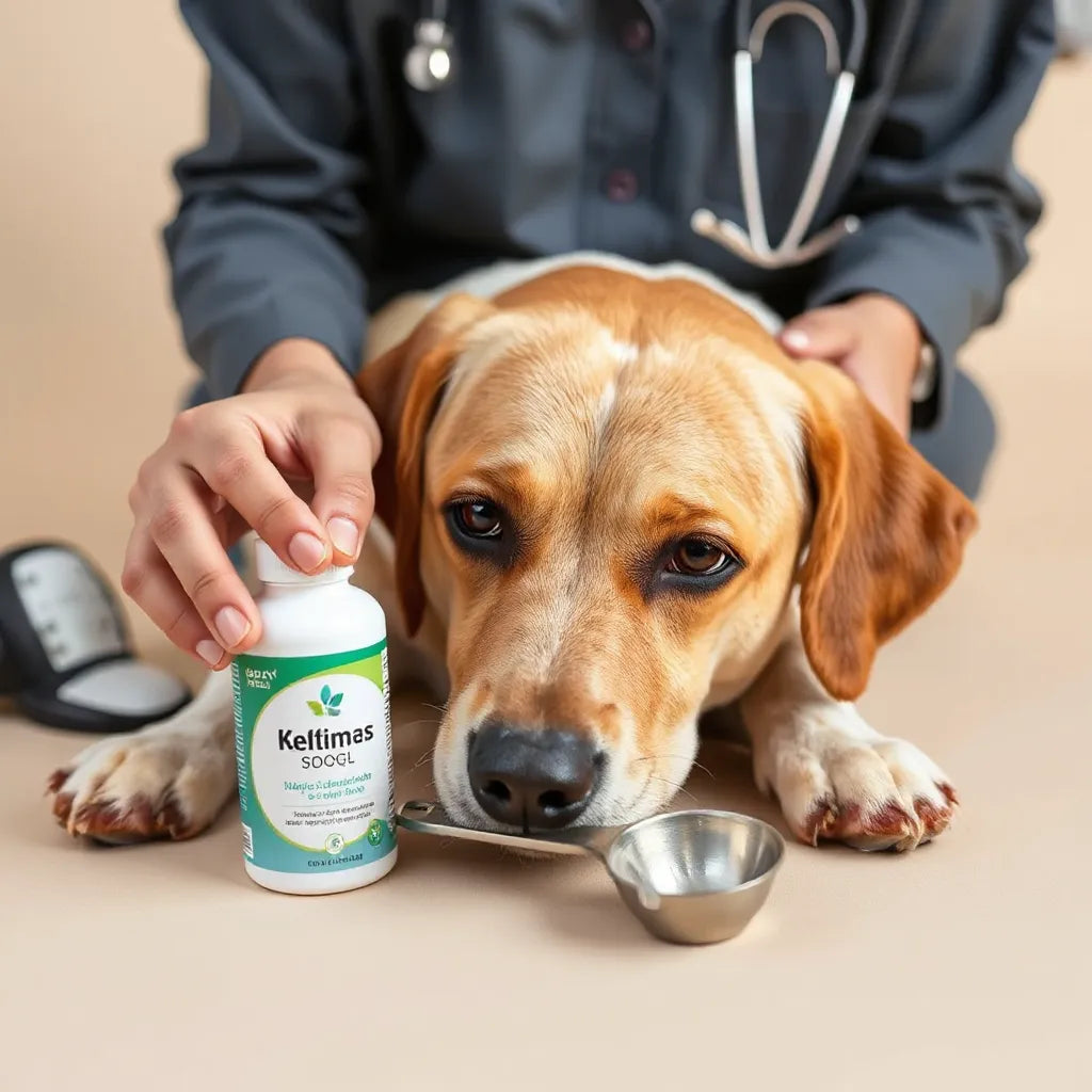 Perro tranquilo con enrojecimiento leve en la piel junto a un frasco de suplemento y una cuchara medidora