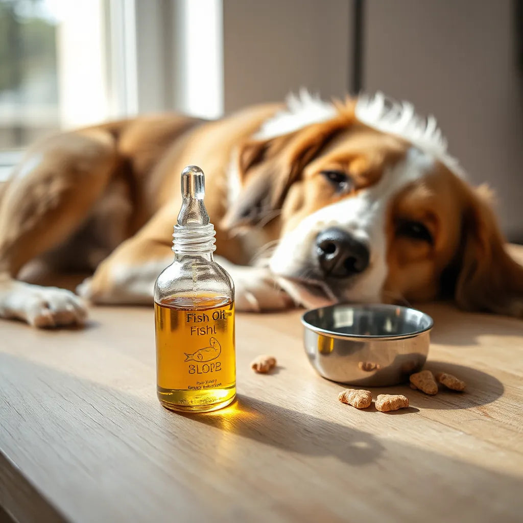 Perro descansando junto a un gotero y un frasco con aceite de pescado para una alimentación saludable