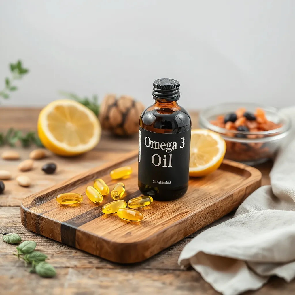 Bote de aceite y cápsulas blandas de omega 3 sobre bandeja de madera con elementos naturales
