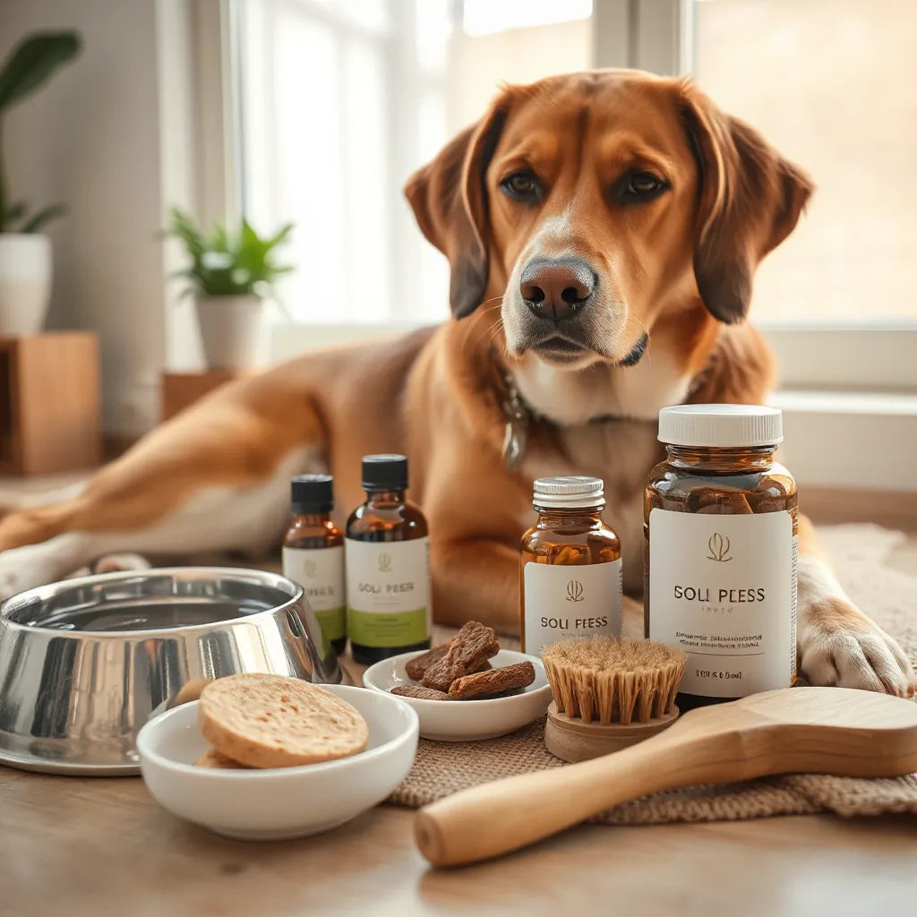 Perro relajado junto a comida natural, agua, suplemento sin marca y cepillo de aseo en un entorno limpio