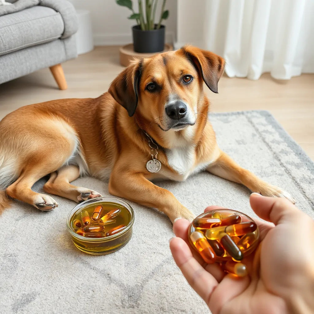 Perro de pelaje sano junto a un cuenco de aceite omega 3 y cápsulas en mano