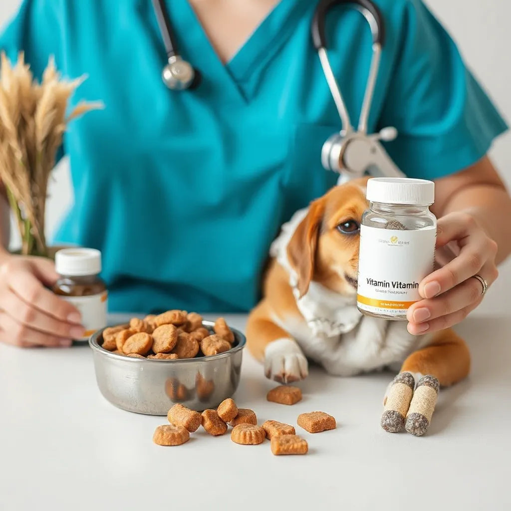 Perro tranquilo junto a suplementos vitamínicos caninos y un veterinario en un entorno limpio