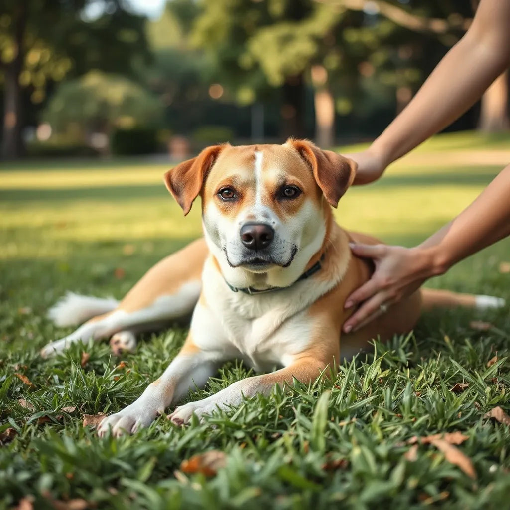 Perro saludable relajado en un parque con una mano humana cuidándolo