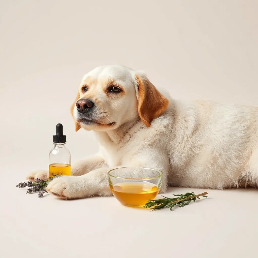 Perro con pelaje limpio y brillante, junto a un cuentagotas con aceite y hierbas naturales