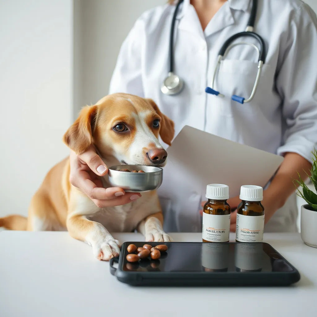 Veterinario en consulta junto a un perro tranquilo y frascos de suplementos sin texto legible